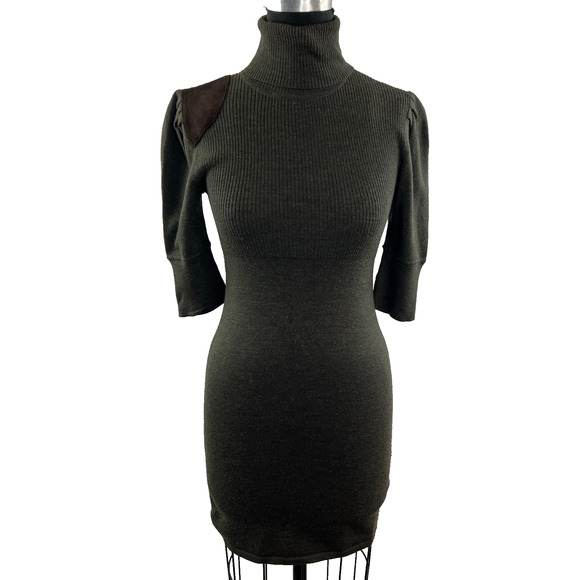 RUGBY Ralph Lauren Green Sweater Dress Suede Merino Wool Turtle Neck Sz Small S - Picture 1 of 9